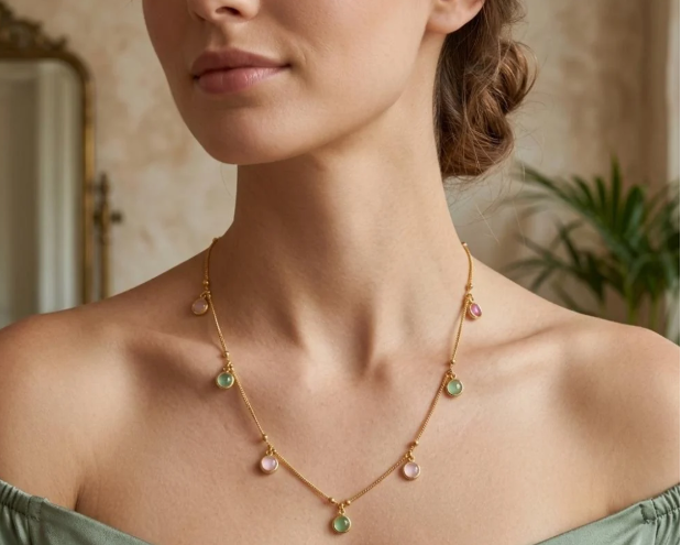 Pastel Crystal Drop Chain. A dainty gold chain with pastel crystal drops spaced along its length.