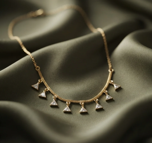Triangle Crystal Charm Chain. A fine gold chain with a fringe of triangle crystal charms.