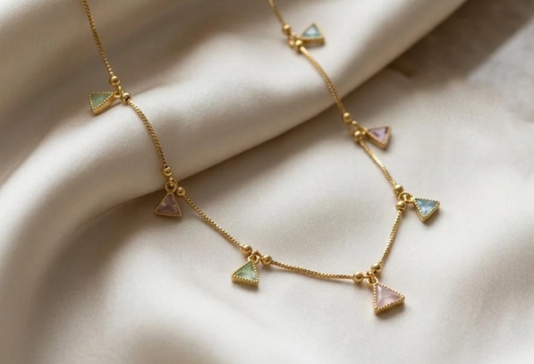 Pastel Triangle Charm Chain. Pastel triangle crystal charms on a dainty gold chain.