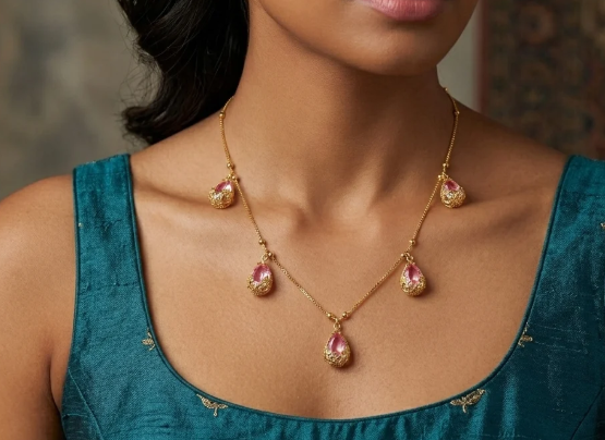 Pink Pear Drop Chain. Pink pear-shaped stones in gold settings on a fine chain.