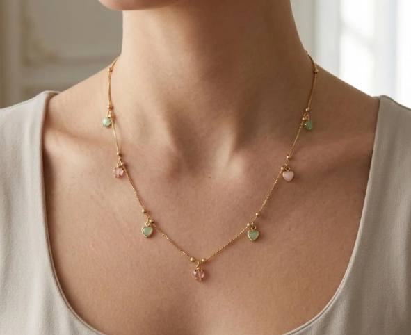 Pink & Mint Crystal Drop Chain. Pink and mint crystal drops spaced along a dainty gold chain.