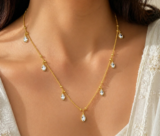 Crystal Teardrop Dainty Chain. Clear teardrop crystals on a delicate gold chain.