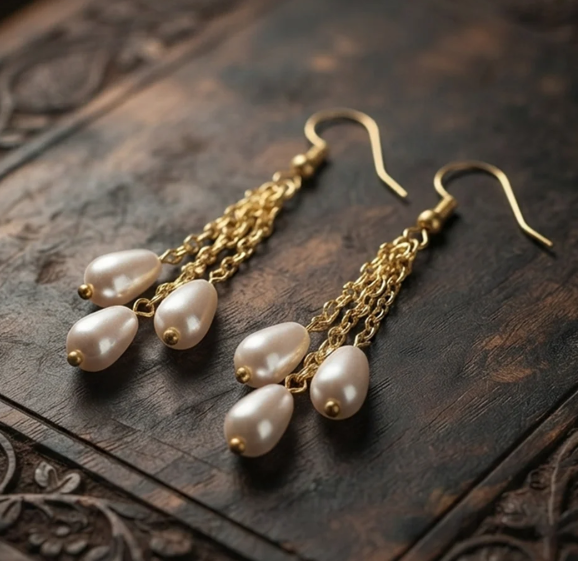 Pearl Teardrop Cluster Hook Earrings. Clusters of glossy teardrop pearls on fine gold chains, on classic hook wires.