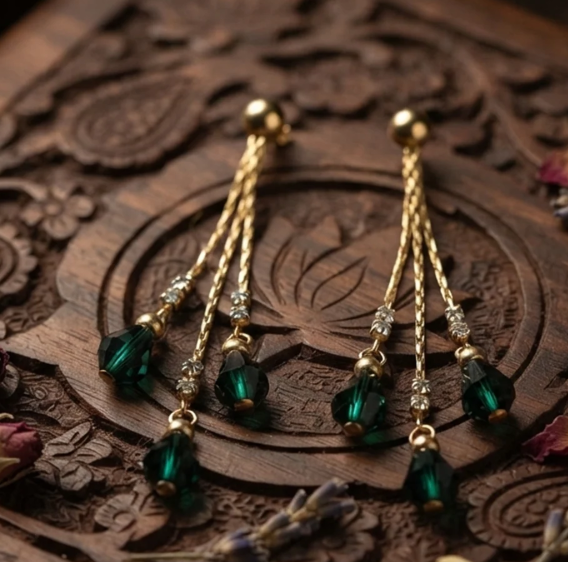 Three-Strand Crystal Bead Drop Earrings in Emerald Green. Three fine gold strands finished with faceted crystal beads that catch the light as you move.