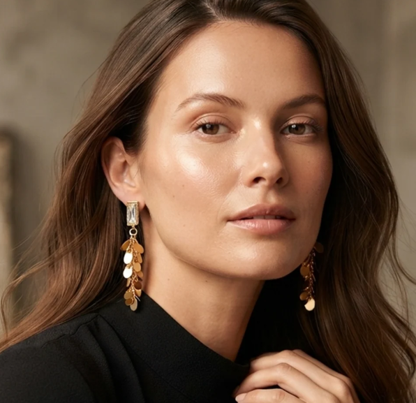 Gold Leaf Fringe Drop Earrings. A crystal bar stud with a cascade of shimmering gold leaf discs.