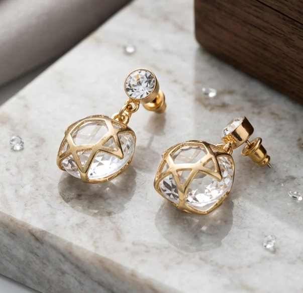 Gold Crystal Cage Ball Drop Earrings. A round crystal set inside a gold lattice cage, hanging from a solitaire stud.