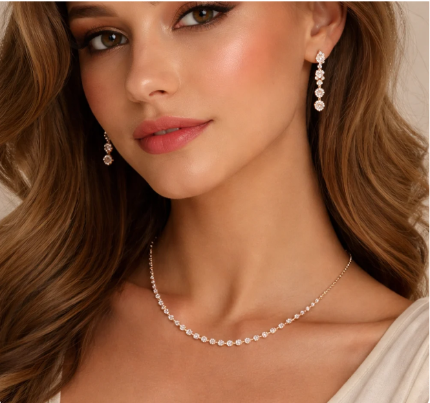 Crystal Line Necklace with Drop Earrings. A slim line of crystals that sits close to the neck, with matching drop earrings.