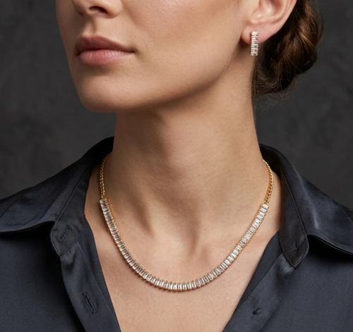 Baguette Crystal Necklace. A row of baguette-cut crystals for a polished, modern sparkle.