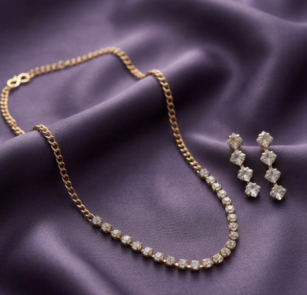 Rose Gold Crystal Half-Chain Necklace Set. Rose-gold curb chain leading into a crystal-studded front, with matching earrings.